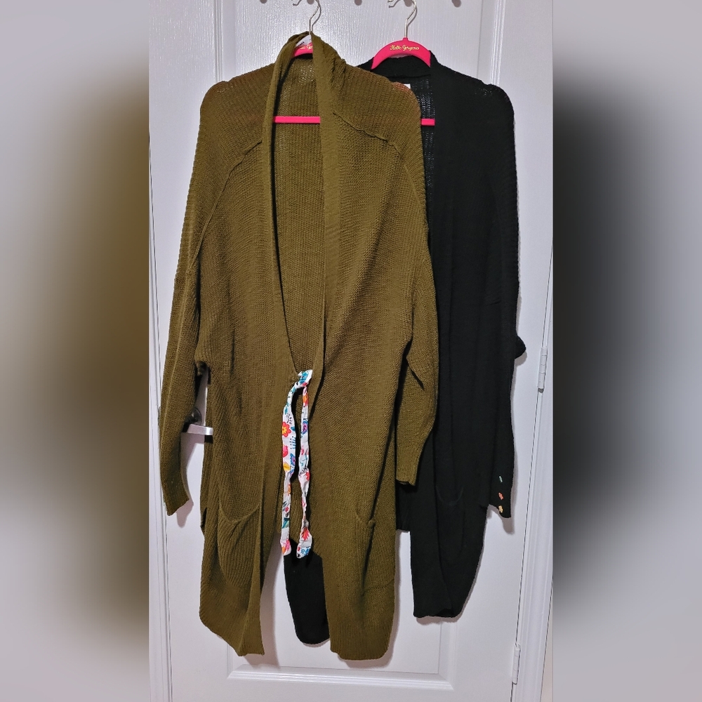 1 Olive Green Cardigan with Floral Accents & 1 Black Cardigan.